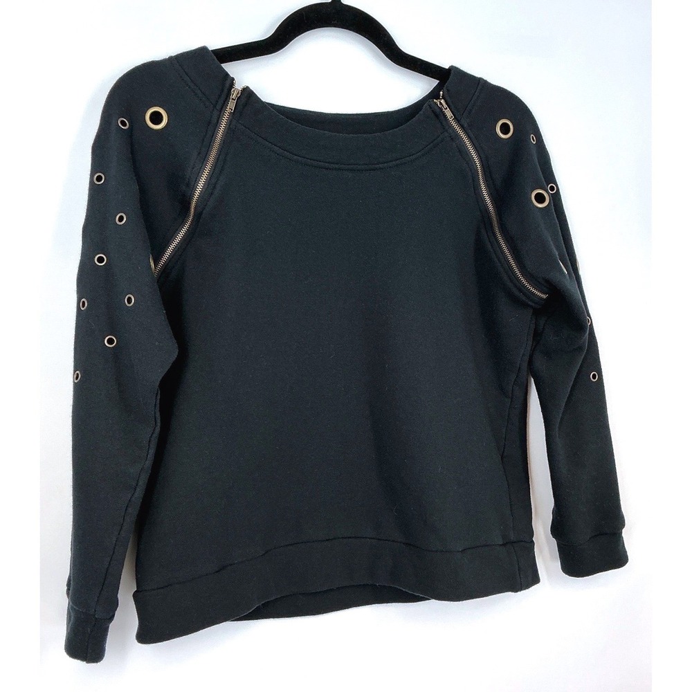 VENUS Black Crewneck Pullover Sweatshirt M Zip Shoulder Grommet Sleeve Alt Edgy - Picture 5 of 10